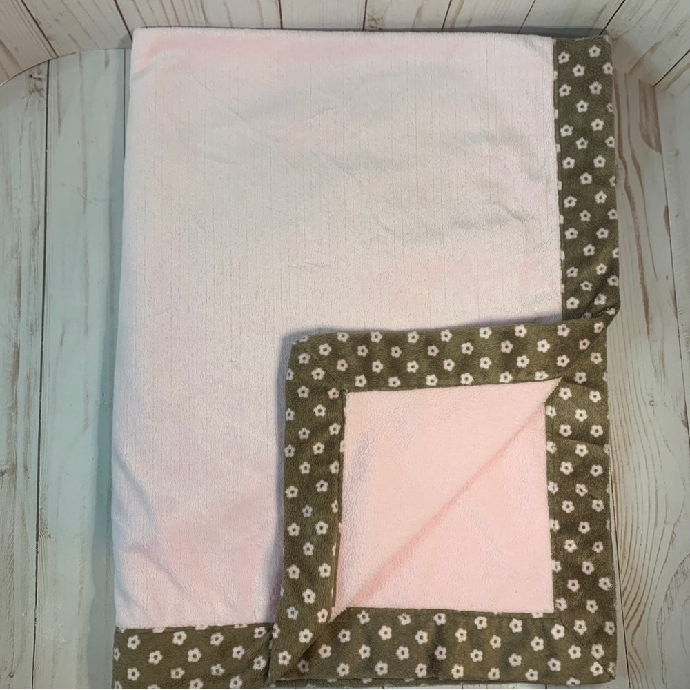 Just Born Pink Plush Baby Blanket Olive Green Floral Daisy Trim‎ Fleece 1614
